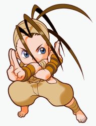 Rule 34 | 1girl, ankle wrap, antenna hair, bandages, bandana, barefoot, blue eyes, brown hair, chibi, dougi, fighting stance, game cg, highres, hip vent, ibuki (street fighter), kuji-in, legs apart, maeda shima, mask, mouth mask, ninja, ninja mask, non-web source, official art, pocket fighter, sideways glance, simple background, solo, street fighter, white background