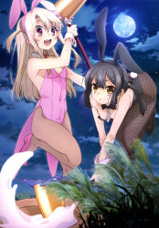 2girls absurdres animal_ears black_hair blonde_hair brown_eyes cloud fake_animal_ears fate/kaleid_liner_prisma_illya fate_(series) fishnet_pantyhose fishnets food full_moon highres illyasviel_von_einzbern leg_lift leotard long_hair magical_ruby magical_sapphire mallet miyu_edelfelt mochi mochitsuki moon mortar_(bowl) multiple_girls night night_sky nyantype official_alternate_costume official_art pantyhose playboy_bunny prisma_illya rabbit_ears red_eyes sky wagashi
