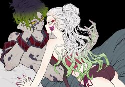 Rule 34 | 1boy, 1girl, absurdres, arm support, ass, black background, black hair, black nails, blue pants, breasts, brother and sister, closed mouth, colored sclera, daki (kimetsu no yaiba), green eyes, grin, gyuutarou (kimetsu no yaiba), highres, kimetsu no yaiba, long hair, looking at another, nail polish, panties, pants, ponytail, purple nails, purple panties, rand (user cpvm2834), sharp teeth, siblings, sideboob, simple background, smile, teeth, topless male, underwear, wavy hair, white hair, yellow sclera