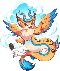 animal blue_background blue_wings dragon dragon_village_(series) dragon_village_collection feathered_wings flying fur-tipped_tail game_cg kinder_(dragon_village) neck_fur no_humans official_art orange_wings purple_eyes sky star_(symbol) third-party_source transparent_background weasel wings