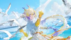 1girl 6+others alternate_costume arknights bird blonde_hair blue_eyes blue_hair blue_sky blush cloud cloudy_sky dragon_horns dragon_tail dress fishnets flower grey_hair hair_flower hair_ornament highres horns multiple_others ocean pointy_ears shirt shu_(arknights) skirt sky standing tail upper_body white_dress white_shirt white_skirt xianyu_guguzi