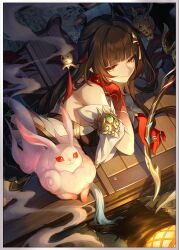1girl ahoge bare_shoulders black_hair blunt_bangs border colored_extremities colored_skin creature detached_sleeves eyeshadow from_above fuyuan_(honkai:_star_rail) game_cg highres holding honkai:_star_rail honkai_(series) incense jewelry lingsha_(honkai:_star_rail) long_hair lying makeup multicolored_skin official_art on_stomach orange_eyes pointy_ears red_eyeshadow red_hands ring scroll slit_pupils smile smoke solo tassel third-party_source two-tone_skin water white_border