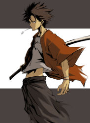 00s 1boy black_hair image_sample irving-zero japanese_clothes katana male_focus midriff mouth_hold mugen_(samurai_champloo) samurai_champloo short_hair solo straw_(stalk) sword weapon