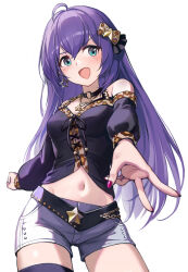 1girl :d ahoge aqua_eyes bare_shoulders belt black_belt black_choker black_shirt blush bow breasts choker commentary_request cowboy_shot foreshortening gyaru gyaru_v hair_bow highres idolmaster idolmaster_million_live! idolmaster_million_live!_theater_days long_hair long_sleeves looking_at_viewer midriff mochizuki_anna nail_polish navel off-shoulder_shirt off_shoulder official_alternate_costume open_mouth purple_hair purple_nails shirt short_shorts shorts simple_background small_breasts smile solo standing stomach thighs tuna_picture v very_long_hair white_background white_shorts