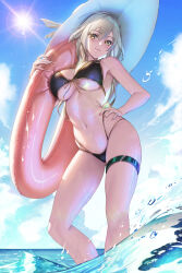 1girl absurdres bikini black_bikini blue_sky bowlp breasts commentary day front-tie_bikini_top front-tie_top grey_hair hand_on_own_hip hat highres holding holding_swim_ring honkai:_star_rail honkai_(series) innertube large_breasts long_hair navel ocean outdoors revision sky smile solo standing stelle_(honkai:_star_rail) sun sun_hat swim_ring swimsuit thigh_strap trailblazer_(honkai:_star_rail) water white_hat yellow_eyes