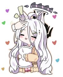 1girl animal_ears black_horns blue_archive cardigan cat_ears cat_girl closed_eyes commentary demon_girl demon_horns disembodied_hand e_v_e_neko frilled_pillow frills hair_ornament hairclip halo headpat heart highres hina_(blue_archive) hina_(pajamas)_(blue_archive) holding holding_pillow horns kemonomimi_mode long_hair long_sleeves official_alternate_costume open_mouth parted_bangs pillow purple_halo simple_background solo_focus very_long_hair wavy_hair white_background white_hair yellow_cardigan