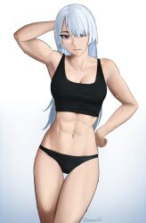 1girl abs ak-15_(girls&#039;_frontline) arm_behind_head arm_up armpits breasts closed_mouth darkpulsegg girls&#039;_frontline grey_hair hair_over_one_eye highres large_breasts long_hair looking_at_viewer navel open_mouth purple_eyes shirt simple_background solo sweat white_background