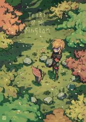 absurdres artist_logo autumn autumn_leaves bush dandelion flower highres korok leaf link logo nintendo on_grass shuangshuanghao the_legend_of_zelda the_legend_of_zelda:_tears_of_the_kingdom yellow_flower