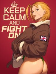 1girl 2025 absurdres ass blonde_hair blue_eyes bomber_jacket brown_jacket cammy_white commentary cowboy_shot english_text facial_scar from_side fur-trimmed_jacket fur_trim hand_in_pocket head_tilt hichi highres jacket keep_calm_and_carry_on long_sleeves looking_at_viewer parted_lips red_background scar scar_on_cheek scar_on_face short_hair signature solo street_fighter street_fighter_6 union_jack