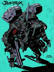 antennae assault_rifle character_name cradle_coffin from_above full_body gun gyoubu_ippei hazard_stripes high_contrast highres holding holding_gun holding_weapon jack_box_(synduality) joints logo_print mecha no_humans rifle robot robot_joints signature standing synduality synduality_echo_of_ada walker_(robot) weapon