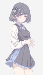 Rule 34 | 1girl, :o, black hair, black overskirt, black vest, blue ribbon, blue skirt, blush, commentary request, gakuen idolmaster, hataya misuzu, hatsuboshi gakuen school uniform, highres, idolmaster, long sleeves, looking at viewer, mole, mole under mouth, neck ribbon, own hands together, pleated skirt, ribbon, school uniform, shirt, short hair, simple background, skirt, skirt set, solo, steepled fingers, tofu thunder, vest, white background, white shirt