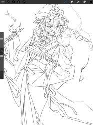 1girl art_program_in_frame bug butterfly butterfly_on_hand closed_mouth cowboy_shot expressionless folded_fan folding_fan greyscale hand_fan hands_up hat highres hitodama holding holding_fan insect japanese_clothes kimono kumatangent lineart long_sleeves looking_ahead mob_cap monochrome neck_ribbon procreate_(medium) procreate_(software) ribbon ribbon-trimmed_kimono ribbon_trim saigyouji_yuyuko short_hair simple_background sketch solo touhou white_background wide_sleeves