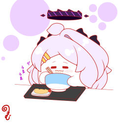 ahoge blue_archive blush bowl chibi chopsticks closed_eyes closed_mouth eating food grey_hair hair_ornament hairclip halo highres hina_(blue_archive) holding holding_bowl holding_chopsticks horns kurukurumagical long_hair noodles parted_bangs shrimp shrimp_tempura single_hair_intake solo tempura translation_request tray upper_body very_long_hair wavy_hair white_background