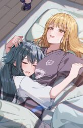2girls black_hair black_skirt blonde_hair chromatic_aberration closed_eyes commentary commentary_request fang fujita_kotone futon gakuen_idolmaster hataya_misuzu highres idolmaster light_particles long_hair matsumoto_yuu morning multiple_girls open_mouth shirt skin_fang skirt sleeping sweatdrop tsukimura_temari under_covers waking_up white_shirt yellow_eyes yuri