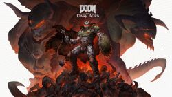 Rule 34 | 1boy, absurdres, armor, cape, copyright name, curled horns, demon, doom: the dark ages, doom (series), doomguy, full body, fur cape, glowing, glowing eyes, helmet, highres, holding, holding flail, holding shield, horns, large horns, male focus, mecha, patrick ganas, robot, shield, shoulder pads, shoulder spikes, space helmet, sparks, spikes, standing