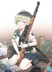 1girl absurdres ammunition_box arm_patch bag bandolier belt binoculars blonde_hair blue_sailor_collar bolt_action boots bottle cellphone green_eyes gun highres knife map_(object) mauser_98 medium_hair miniskirt on_floor original phone plastic_bag rifle sailor_collar savankov school_uniform sheath sheathed shirt short_sleeves skirt smartphone stick_grenade tactical_school_uniform water_bottle weapon white_shirt wooden_floor