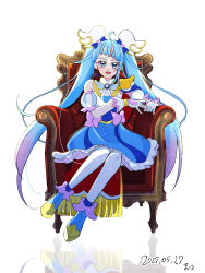 1girl ankle_boots armchair artist_name blue_boots blue_cape blue_dress blue_eyes blue_hair boots bow brooch cape chair commentary cure_sky cut_bangs dated detached_sleeves dress dress_bow earclip earrings fingerless_gloves frilled_dress frills fringe_trim full_body gloves gradient_hair hair_ornament highres hirogaru_sky!_precure horoyoitaina jewelry long_hair looking_at_viewer magical_girl medium_dress multicolored_hair on_chair open_mouth pink_bow pink_hair precure puffy_detached_sleeves puffy_sleeves red_cape reflection signature simple_background single_earring single_sidelock sitting sleeveless sleeveless_dress smile solo sora_harewataru streaked_hair thighhighs throne twintails two-sided_cape two-sided_fabric two-tone_dress two-tone_hair very_long_hair white_background white_dress white_gloves white_thighhighs wing_brooch wing_hair_ornament