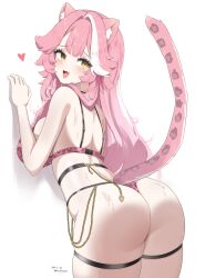 1girl absurdres animal_ears ass back bare_shoulders blush bra breasts commentary fang hair_intakes heart highres hololive hololive_english large_breasts long_hair looking_back median_furrow multicolored_hair open_mouth panther_ears panther_girl panther_tail panties pink_bra pink_hair pink_panties raora_panthera shoulder_blades simple_background skin_fang smile solo streaked_hair tail thigh_strap thighs two-tone_hair underwear vanillafox2035 virtual_youtuber white_background white_hair yellow_eyes