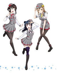 3girls :d aqua_eyes artbook black_hair black_pantyhose blue_hair blush boots brown_hair full_body grey_skirt hair_bun hair_ornament hat highres kunikida_hanamaru kurosawa_dia long_hair long_sleeves looking_at_viewer love_live! love_live!_sunshine!! mole mole_under_mouth multiple_girls necktie non-web_source official_art open_mouth pantyhose pleated_skirt purple_thighhighs red_eyes ribbon single_hair_bun skirt smile standing standing_on_one_leg thighhighs tsushima_yoshiko v vest white_background yellow_eyes yellow_necktie