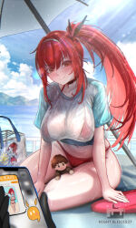Rule 34 | 1boy, 1girl, artist logo, bikini, blush, breasts, cellphone, character doll, choker, commander (nikke), curvy, doll, doro (nikke), goddess of victory: nikke, highres, large breasts, logo, long hair, looking at viewer, luongnights, ocean, outdoors, parasol, phone, ponytail, rapi (nikke), rapi (red hood) (nikke), rapi (red hood) (red flavor) (nikke), red bikini, red eyes, red hair, see-through clothes, see-through shirt, shiny skin, shirt, sitting, sky, smartphone, swimsuit, thighs, thong, thong bikini, umbrella, wet, wet clothes, wet shirt, wide hips