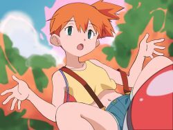 1girl :o absurdres backpack bag cloud collarbone commentary_request cropped_shirt day empty_eyes energy green_eyes hands_up head_tilt highres hitsugi_mc mind_control misty_(pokemon) navel nintendo no_pupils one_side_up open_mouth orange_hair outdoors poke_ball poke_ball_(basic) pokemon pokemon_(anime) pokemon_(classic_anime) shirt shorts sky solo spread_fingers spread_legs squatting suspenders suspenders_slip tongue w_arms yellow_shirt