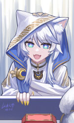+_+ 1girl absurdres animal_ears blue_eyes box cat_ears cat_girl cat_tail cipher_(honkai:_star_rail) commentary_request dated fangs grey_hair highres honkai:_star_rail honkai_(series) indoors official_alternate_costume open_mouth short_hair_with_long_locks skin_fangs solo tail white_hood yellow_nails yitai_zhi_meng