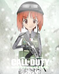 1girl beanie blonde_hair bulletproof_vest call_of_duty call_of_duty:_modern_warfare_2 call_of_duty:_modern_warfare_3 chittatos commentary cover cover_page english_commentary girls_und_panzer goggles goggles_on_head gun hat highres military_combat_uniform military_uniform nishizumi_miho orange_hair pants rifle scar scar_across_eye scar_on_face self-upload solo title weapon