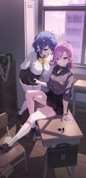 2girls absurdres ahoge arms_behind_back bag black_shirt black_shoes black_skirt blue_eyes blue_hair bow bowtie cellphone chair character_request choker cityscape classroom desk dress_shirt foldable_smartphone gogoco highres lipstick locker looking_at_viewer makeup multiple_girls nail_polish parody_request phone pink_eyes pink_hair pleated_skirt school_bag school_chair school_desk shirt shoes skirt sky sleeves_rolled_up smartphone socks thighhighs white_shirt white_socks white_thighhighs yellow_bow yellow_bowtie