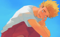 Rule 34 | 1boy, arm up, blonde hair, blue eyes, blue sky, crew neck, feet out of frame, fingernails, highres, looking to the side, lower teeth only, male focus, mono progress, open mouth, pants, red pants, sam (stardew valley), sanpaku, shirt, short sleeves, sideburns, sideways glance, sky, smile, solo, squatting, stardew valley, teeth, v, white shirt