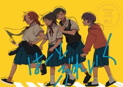 Rule 34 | 4girls, annoyed, black hair, black socks, black sweater vest, blue sandals, blue skirt, braid, clothes around waist, collared shirt, commentary, dress shirt, drooling, fujii ayame, full body, futsuu no keion-bu, group name, hair ornament, hairpin, hatono chihiro, heartbreak (futsuu no keion-bu), hood, hood down, hoodie, jacket, jacket around waist, kouyama rin, looking at another, mole, mole under eye, mouth drool, multicolored hair, multiple girls, neck ribbon, parted bangs, phy p9m, pink hoodie, pixie cut, pleated skirt, purple eyes, purple hair, red ribbon, ribbon, sandals, school uniform, shirt, shirt tucked in, short hair, short sleeves, simple background, skirt, slides, socks, sweater vest, symbol-only commentary, twin braids, twintails, twitter username, two-tone hair, uchida momo, v-shaped eyebrows, walking, watermark, white shirt, white socks, wing collar, wolf cut, yellow background