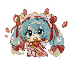 blue_eyes blush bow bowtie dot_nose dress eyes_visible_through_hair flower food food-themed_hair_ornament fork fruit fruit_hair_ornament full_body hair_ornament hatsune_miku headdress highres holding holding_fork looking_at_viewer makeup nose_blush open_mouth red_bow red_bowtie red_ribbon red_shoes ribbon rouge_(makeup) shoes sidelocks simple_background strawberry strawberry_hair_ornament strawberry_miku_(morikura) suuroku teeth upper_teeth_only vocaloid white_background white_flower