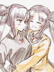 2girls black_hair black_sweater blush closed_eyes closed_mouth commentary dual_persona fate/grand_order fate_(series) grin hair_bun high_side_ponytail highres hug looking_at_another multicolored_eyes multiple_girls necktie red_necktie selfcest shy sidelocks simple_background single_hair_bun smile sweat sweater taira_no_kagekiyo_(fate) tanutika ushiwakamaru_(fate) yellow_sweater yuri
