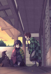 Rule 34 | 1girl, 2boys, aoi choko (aoichoco), black hair, black jacket, black pants, black socks, brown hair, buttons, closed eyes, closed mouth, demon slayer uniform, green haori, hand up, haori, highres, jacket, japanese clothes, kamado nezuko, kamado tanjirou, kimetsu no yaiba, long hair, low ponytail, multiple boys, outdoors, pants, ponytail, red haori, short hair, sitting, socks, tomioka giyuu