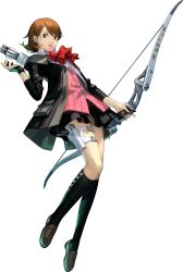 Rule 34 | 1girl, absurdres, black jacket, black skirt, black socks, bow, bow (weapon), bowtie, brown eyes, brown hair, brown shoes, cardigan, full body, highres, holding, holding bow (weapon), holding weapon, jacket, lips, looking at viewer, official alternate costume, official art, open clothes, open jacket, parted lips, persona, persona 3, persona 3 reload, pink cardigan, pink lips, pleated skirt, quiver, red bow, red bowtie, shoes, short hair, skirt, socks, soejima shigenori, solo, swept bangs, takeba yukari, third-party source, transparent background, weapon