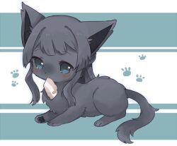 animal animal_focus animalization black_fur black_hair blue_eyes blush cat full_body idolmaster idolmaster_million_live! long_hair lying mogami_shizuka nako_(user_wnnm5534) no_humans paw_print solo