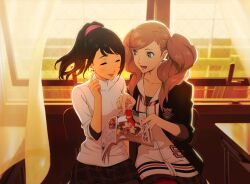 2girls artist_request black_hair black_jacket black_skirt blonde_hair blue_eyes chair classroom closed_eyes curtains desk evening hair_ornament hairclip highres holding holding_magazine hood hoodie indoors jacket magazine_(object) multiple_girls non-web_source official_art open_mouth pantyhose persona persona_5 persona_5_the_royal plaid_clothes plaid_skirt ponytail red_pantyhose school_chair school_desk school_uniform shirt shuujin_academy_school_uniform sitting skirt smile spoilers suzui_shiho takamaki_anne twintails white_hoodie white_shirt window
