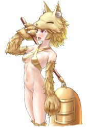 Rule 34 | 1girl, animal feet, animal hands, bell, blonde hair, blush, bottomless, bra, breasts, commentary request, cowboy shot, criss-cross halter, fox girl, fox hat, halterneck, highres, holding, holding staff, irinanpic, medium breasts, moonlight flower, navel, open mouth, orange eyes, ragnarok online, short hair, simple background, solo, staff, underwear, white background, yellow bra