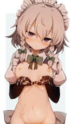 1girl absurdres black_gloves blush bow bowtie braid commentary_request cum cum_on_body cum_on_hands elbow_gloves gloves green_bow green_bowtie grey_hair hagure_kedama hair_bow highres izayoi_sakuya looking_at_viewer maid_headdress navel puffy_short_sleeves puffy_sleeves purple_eyes short_hair short_sleeves solo touhou twin_braids upper_body
