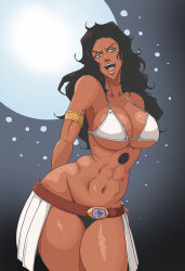 abs agrothewanderer armlet arrancar bare_shoulders belt black_hair bleach bra breasts collarbone dark-skinned_female dark_skin franceska_mila_rose green_eyes hollow_hole jewelry large_breasts long_hair moon open_mouth skirt standing thighs toned toned_female underwear white_bra