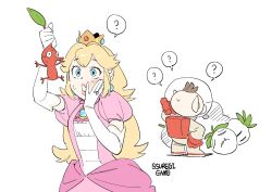 1boy 1girl ? arm_up artist_name blonde_hair blue_eyes blush crown dress earrings elbow_gloves eyelashes facing_away gloves hand_up helmet highres holding jewelry jumpsuit lips long_hair mario_(series) nintendo olimar pikmin_(creature) pikmin_(series) pink_dress pink_lips princess_peach puffy_short_sleeves puffy_sleeves red_gloves red_pikmin ring short_sleeves simple_background space_helmet spacesuit speech_bubble sphere_earrings spoken_question_mark ssuregigame standing sweatdrop turnip_(mario) white_background white_gloves yellow_jumpsuit