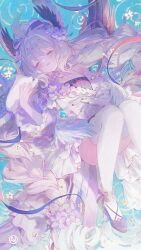 1girl ahoge aqua_nails bird_girl blush braid breasts closed_eyes commentary detached_sleeves dress elbow_gloves english_commentary enna_alouette ethyria flower gloves hair_flower hair_ornament head_wings highres long_hair nijisanji nijisanji_en open_mouth purple_wings small_breasts smile solo thighhighs twin_braids umehara_sei virtual_youtuber white_dress white_gloves white_hair white_thighhighs wings