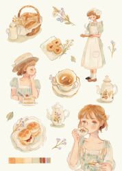 1girl apron aqua_dress basket bread brown_hair carrie_(carriedraw) cup dress food hat highres holding holding_plate leaf maid_apron maid_headdress original pastry plate short_hair solo teacup teapot white_apron white_dress