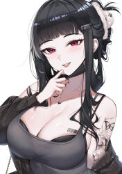 Rule 34 | 1girl, arm tattoo, barcode, barcode tattoo, black bra, black hair, black sweater, bra, bra peek, breasts, butterfly tattoo, cleavage, commentary, d (killer wife) (nikke), d (nikke), dongtan dress, dress, goddess of victory: nikke, grey dress, highres, large breasts, long hair, mask, meme attire, mouth mask, official alternate costume, parted lips, red eyes, rohioart, simple background, solo, sweater, tattoo, underwear, white background