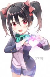1girl 299_(horisso) black_hair blazer blue_skirt blush bow bowtie cardigan cowboy_shot diagonal-striped_bow diagonal-striped_bowtie diagonal-striped_clothes green_bow green_bowtie hair_between_eyes hair_bow heart heart_hands highres jacket long_sleeves looking_at_viewer love_live! love_live!_school_idol_project multiple_hair_bows open_clothes open_jacket open_mouth otonokizaka_school_uniform pink_cardigan red_bow red_eyes school_uniform simple_background skirt smile solo standing striped_clothes twintails white_background winter_uniform yazawa_nico