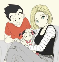 Rule 34 | 1boy, 2girls, android 18, black eyes, black hair, blonde hair, blue eyes, couple, dragon ball, family, father and daughter, happy, hug, husband and wife, kuririn, looking at viewer, marron (dragon ball), mother and daughter, multiple girls, smile, yellow background