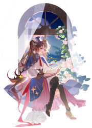 Rule 34 | 1girl, animal, animal ears, arched window, arknights, black boots, blue cape, blue hat, book, boots, brown hair, cape, chinese commentary, commentary request, curled horns, curtains, eyjafjalla (arknights), flower, full body, grey horns, hat, high heel boots, high heels, highres, horns, infection monitor (arknights), invisible chair, leaf, long hair, mini hat, mini top hat, necktie, open book, parted lips, pink eyes, plant, red necktie, sheep ears, sheep girl, sheep horns, shirt, side ponytail, sitting, solo, thewintermarket, thigh boots, top hat, very long hair, white flower, white shirt, window
