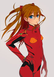 1girl blue_eyes bodypaint breasts brown_hair cameltoe cowboy_shot female_focus from_side grey_background hair_between_eyes hair_ornament hand_on_own_hip long_hair looking_at_viewer mebae mecha_pilot_suit neon_genesis_evangelion nude orange_hair parted_lips plugsuit_(evangelion) simple_background small_breasts solo souryuu_asuka_langley