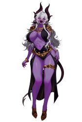 1girl :d absurdres armlet black_sclera bracelet breasts colored_sclera colored_skin cross cross_earrings demon demon_girl demon_horns demon_tail earrings fang fingernails gold_trim green_eyes grey_hair hand_on_own_thigh highres horns jewelry korean_commentary large_breasts long_fingernails long_hair messy_hair nangmanheeyou navel open_mouth original pointy_ears purple_skin revealing_clothes ring sharp_fingernails skin_fang smile tail thighlet