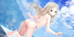 Rule 34 | 1girl, ass, back, barefoot, bikini, bikini bottom only, blonde hair, blue reflection (series), blue reflection sun, blue sky, blush, breasts, cloud, cloudy sky, day, dutch angle, feet, floating hair, foot out of frame, from behind, game cg, green eyes, highres, kishida mel, long hair, looking at viewer, looking back, morisaki alesia yu, non-circular lens flare, non-web source, official art, outdoors, parted bangs, side-tie bikini bottom, sky, small breasts, smile, soles, solo, string bikini, sunlight, swimsuit, thong bikini, toes, topless female, wading, water, white bikini