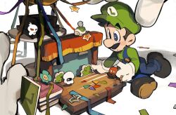 Rule 34 | 1boy, blooey (paper mario: the thousand year door), blue eyes, blush stickers, book, book stack, boots, confetti, diorama, facial hair, hat, hayzee (paper mario), highres, jerry (paper mario), luigi, mario (series), mustache, nintendo, overalls, paper mario, paper mario: the thousand-year door, repeatbot00, screamy, sitting, solo, super star (mario), torque (paper mario)